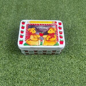 Vintage Enesco Teacher Teddy Bears Tin Box Apple School Decor Storage Case